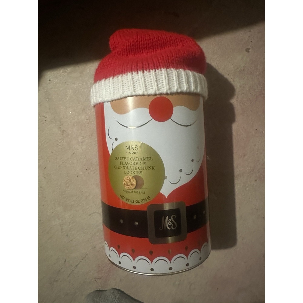M&S foods salted caramel flavoredchocolate chunk cookies Santa Claus Metal Tin